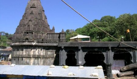 Bhimashankar Temple Main View – "A breathtaking view of Bhimashankar Temple, one of the 12 Jyotirlingas, surrounded by the lush Sahyadri hills