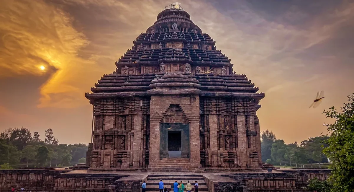 Konark Sun Temple’s iconic stone chariot with detailed wheel carvings, Odisha, India