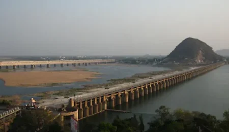 Aerial view of Krishna River dam near Andhra Pradesh
