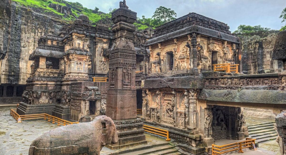 Aerial view of Kailasa Temple Ellora showcasing its monolithic structure