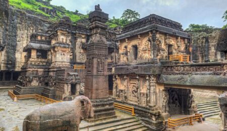 Aerial view of Kailasa Temple Ellora showcasing its monolithic structure