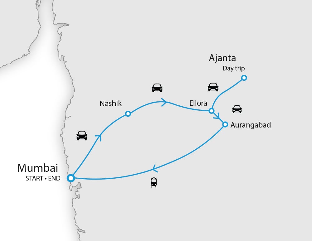 Ajanta and Ellora Caves location map showing proximity in Maharashtra