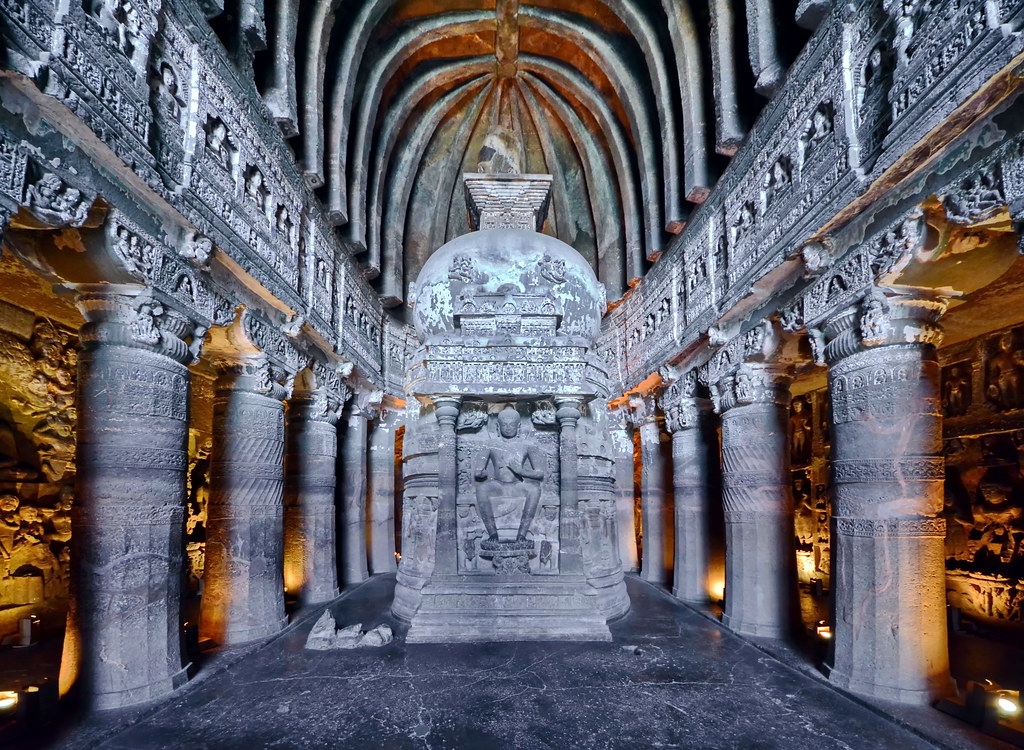 Ancient murals inside India Ajanta Caves depicting Jataka tales