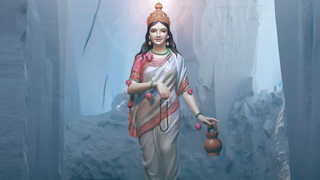 Brahmacharini Devi with japa mala and kamandalu in a white sari
