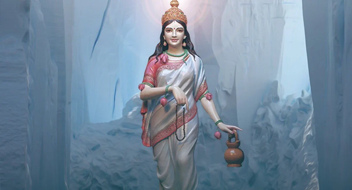 Brahmacharini Devi with japa mala and kamandalu in a white sari