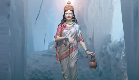 Brahmacharini Devi with japa mala and kamandalu in a white sari