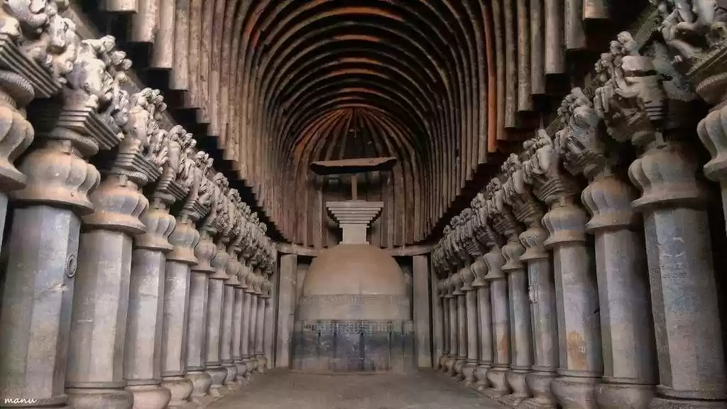 Interior of India Ajanta Caves showing Buddhist architectural elements