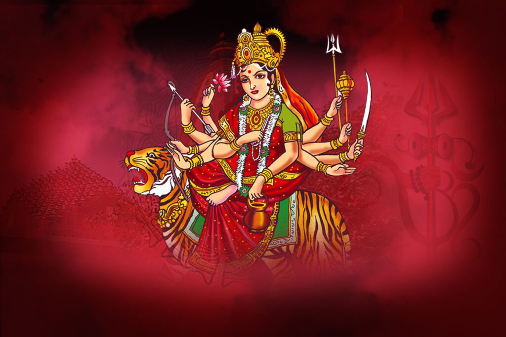 Chandraghanta riding a lion with crescent moon on forehead