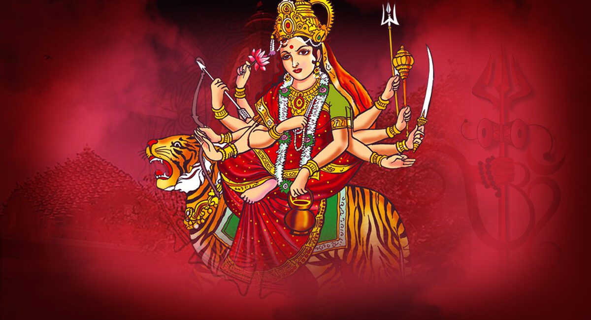 Chandraghanta riding a lion with crescent moon on forehead