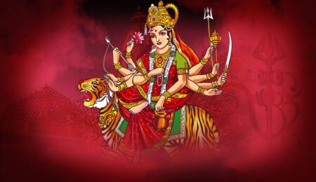 Chandraghanta riding a lion with crescent moon on forehead