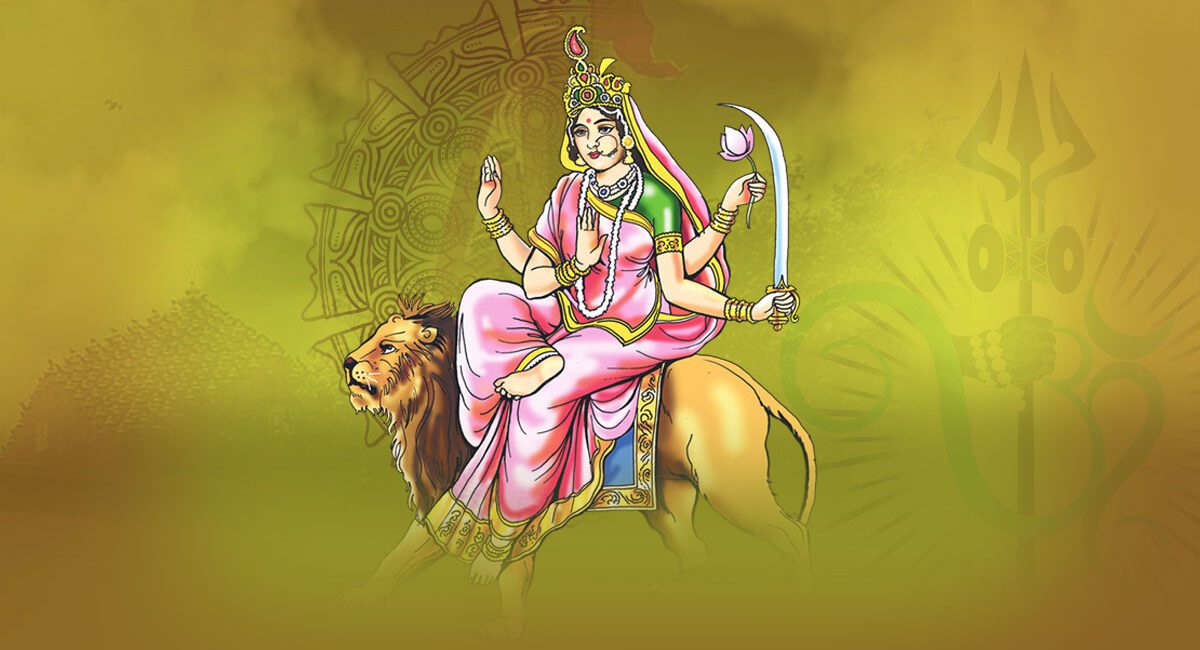 Goddess Katyayani on lion mount holding sword and lotus