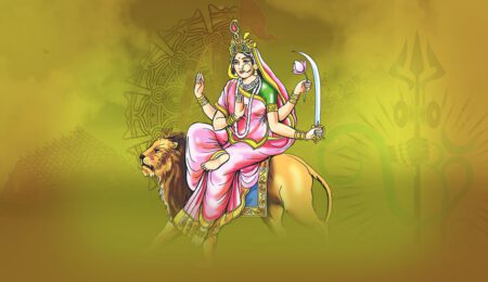 Goddess Katyayani on lion mount holding sword and lotus