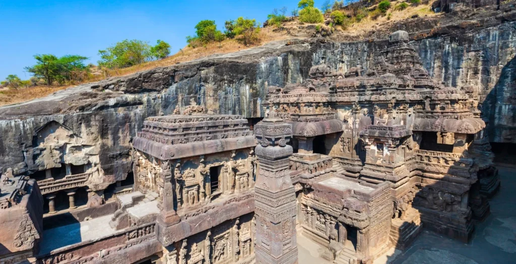 Ravana lifting Kailash sculpture at Ellora Caves in India carved in basalt