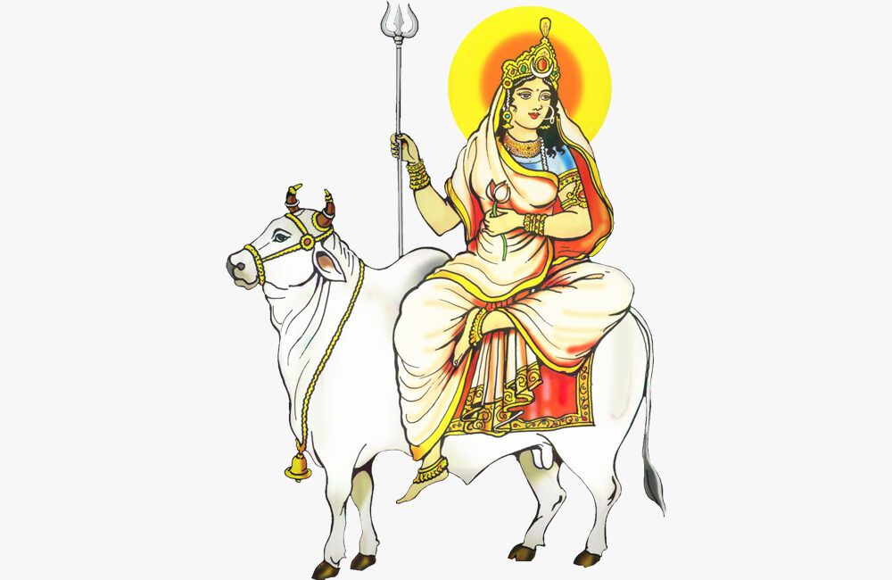 Shailputri Devi, first form of Goddess Durga, riding a bull and holding a trident and lotus, symbolizing purity and strength