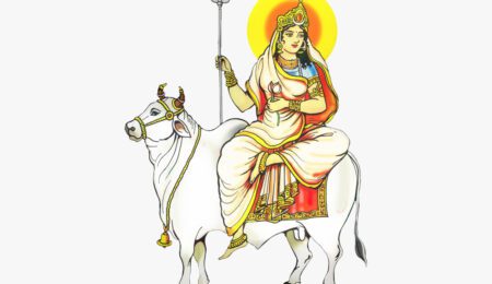 Shailputri Devi, first form of Goddess Durga, riding a bull and holding a trident and lotus, symbolizing purity and strength