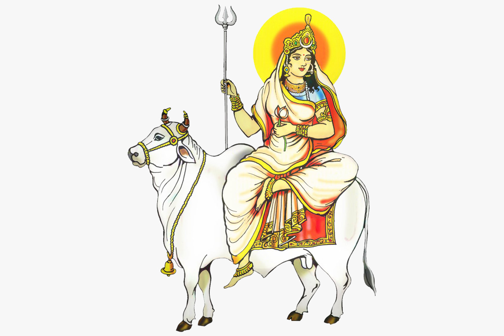 Shailputri Devi, first form of Goddess Durga, riding a bull and holding a trident and lotus, symbolizing purity and strength