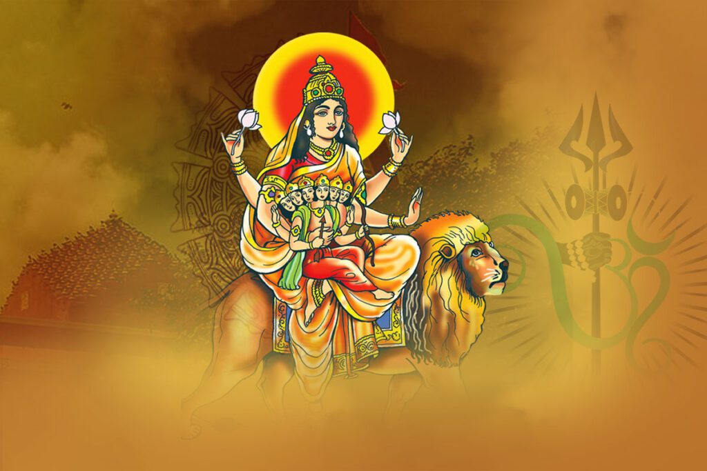 Skandamata seated on lotus with Lord Skanda in her lap
