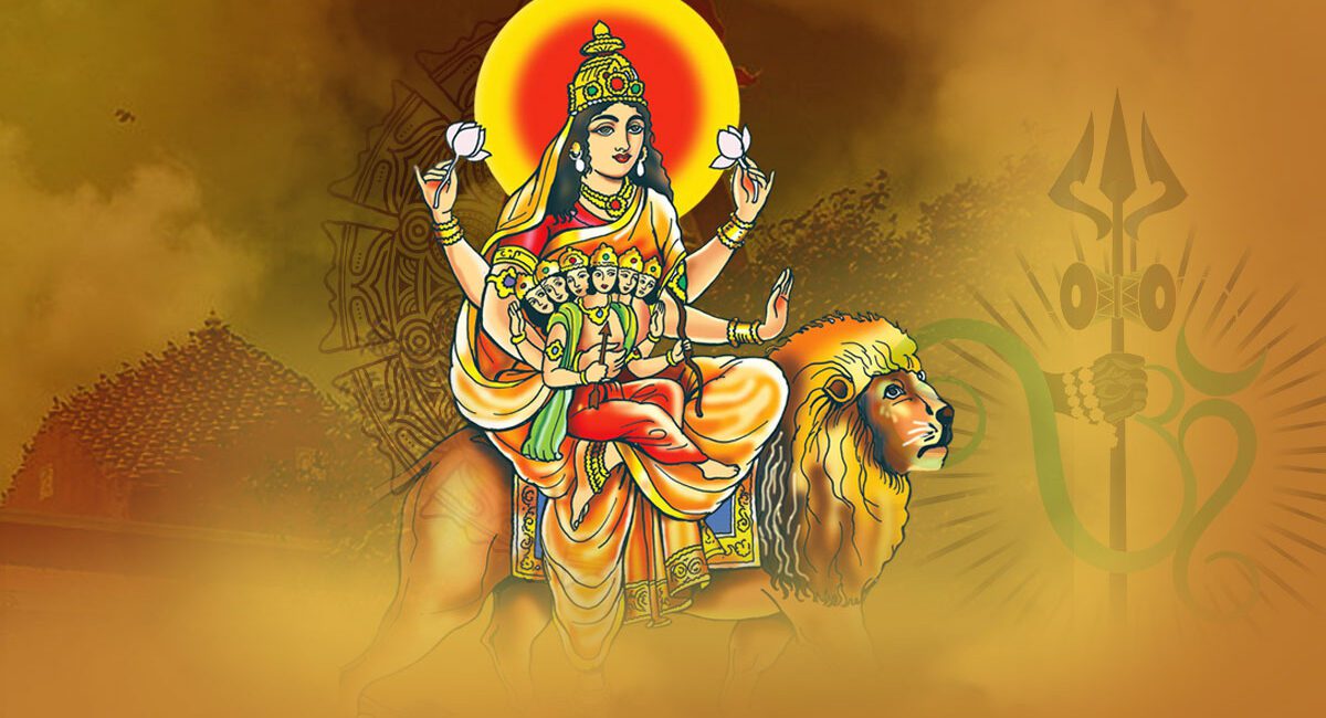Skandamata seated on lotus with Lord Skanda in her lap