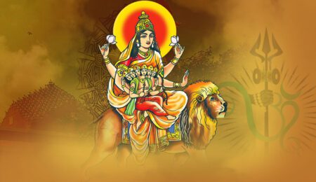 Skandamata seated on lotus with Lord Skanda in her lap