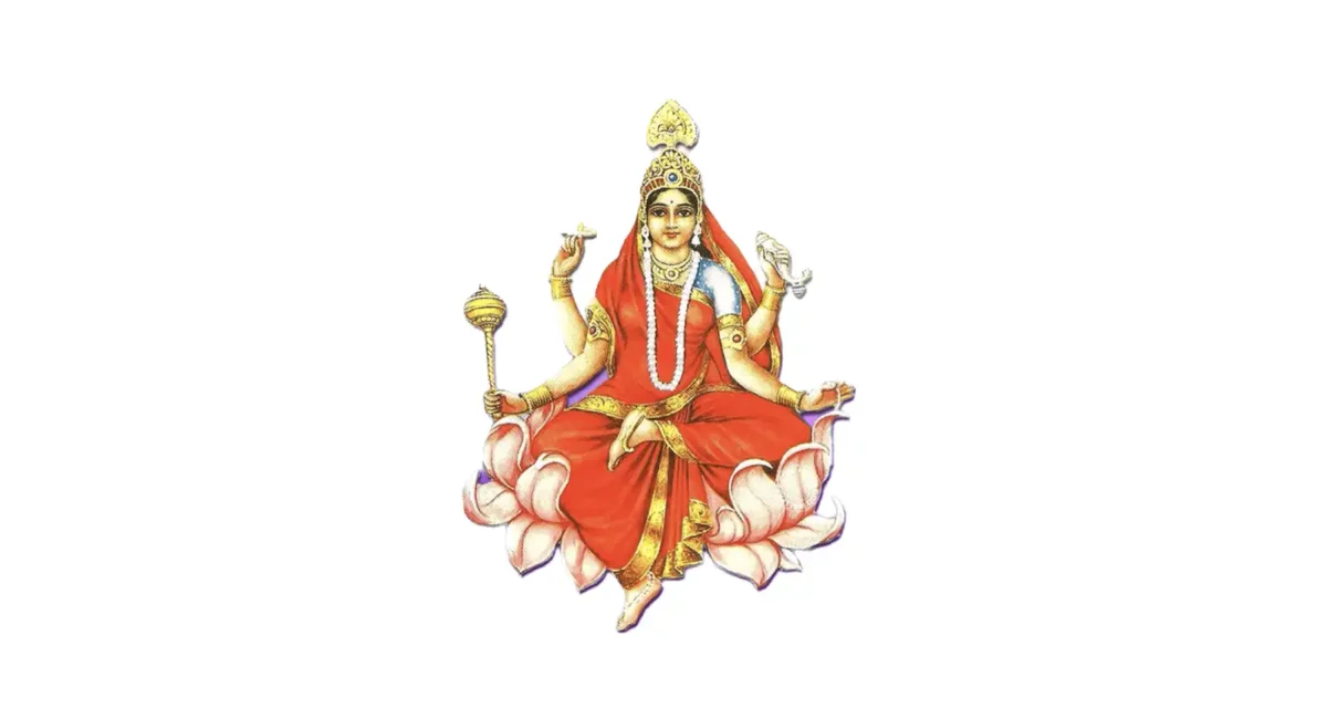 Siddhidatri Mata seated on lotus with four arms holding chakra, shankha, gada, and lotus