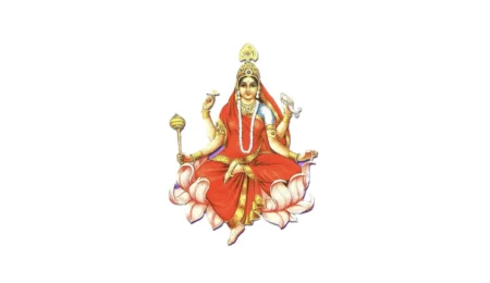 Siddhidatri Mata seated on lotus with four arms holding chakra, shankha, gada, and lotus