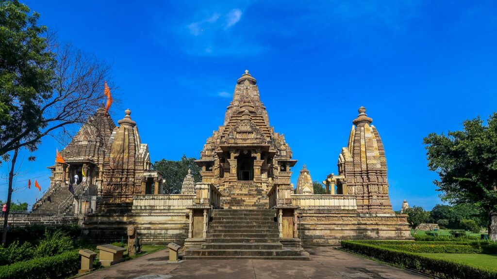 Lakshmana Temple front view showcasing Nagara style shikhara and sandstone carvings