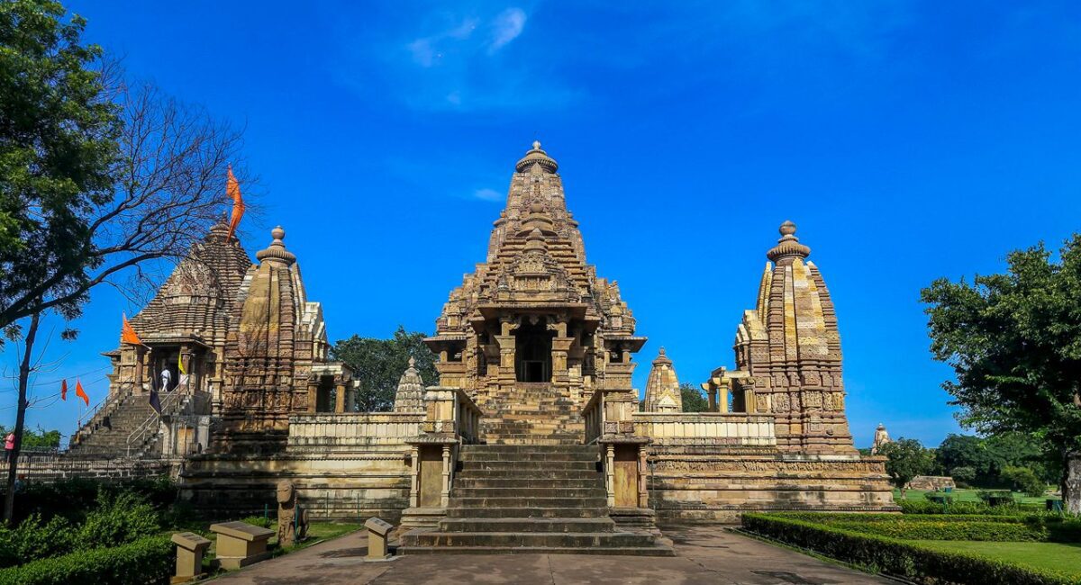 Lakshmana Temple front view showcasing Nagara style shikhara and sandstone carvings