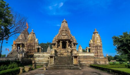 Lakshmana Temple front view showcasing Nagara style shikhara and sandstone carvings