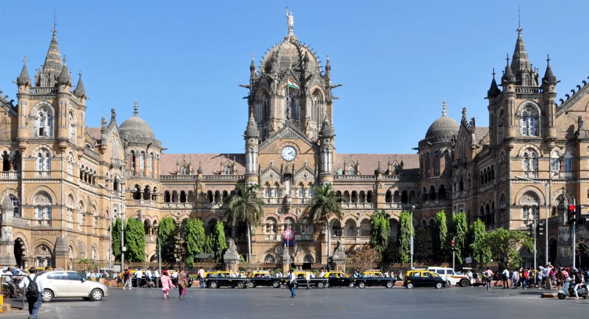 Victorian Gothic main dome of Chhatrapati Shivaji Terminus Mumbai illuminated at night