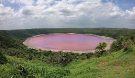 Lonar Lake crater aerial view in Maharashtra