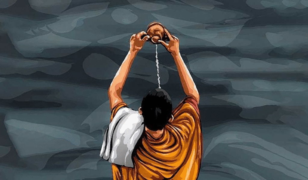 Shraddha rituals during Pitru Paksha performed by a Hindu priest near sacred river