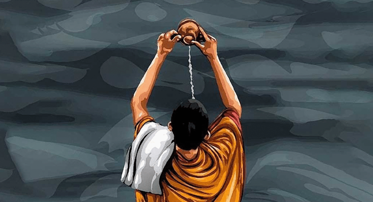 Shraddha rituals during Pitru Paksha performed by a Hindu priest near sacred river