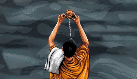 Shraddha rituals during Pitru Paksha performed by a Hindu priest near sacred river