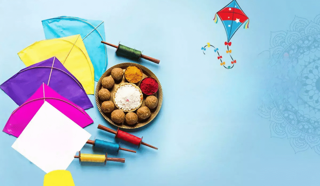 Colorful kites soaring in the blue sky during Makar Sankranti celebrations in Gujarat