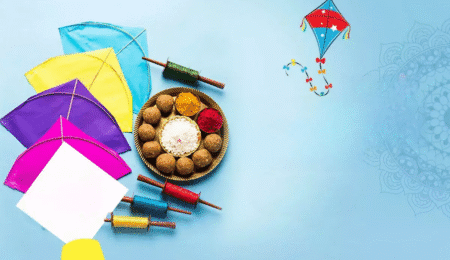 Why We Celebrate Makar Sankranti? Spiritual & Scientific Meaning 15 Colorful kites soaring in the blue sky during Makar Sankranti celebrations in Gujarat