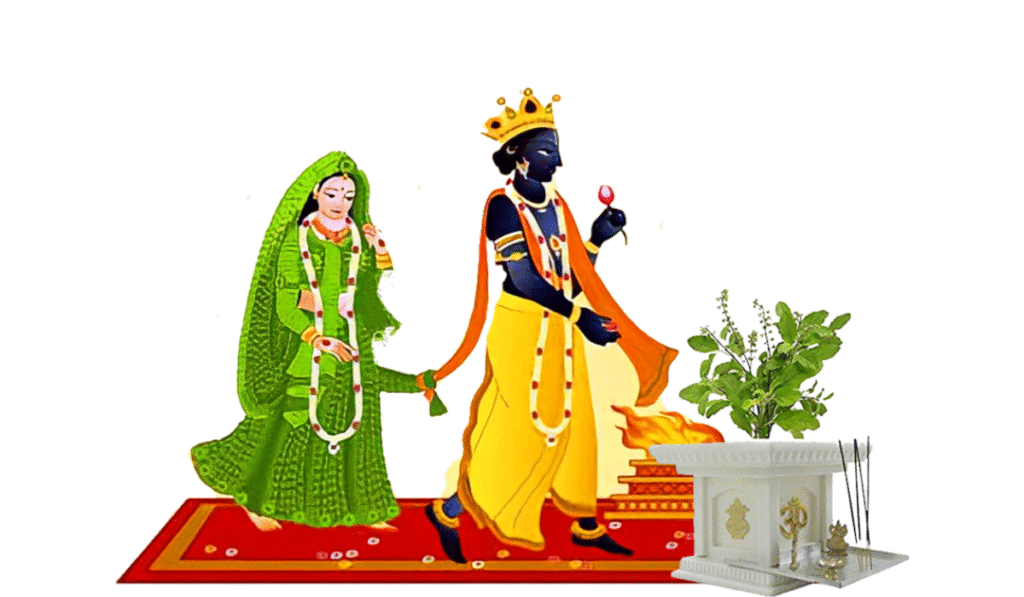 Traditional Tulsi Vivah mandap with sugarcane and turmeric lamps in Maharashtra