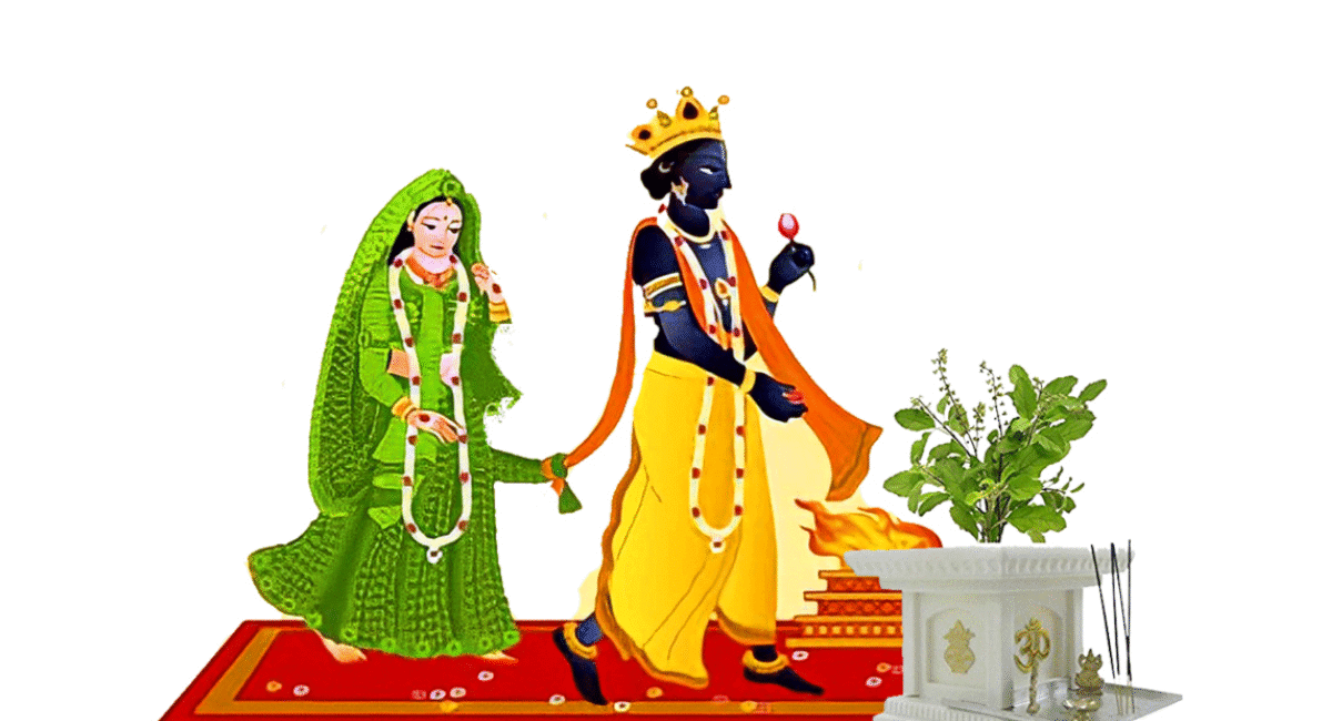 Traditional Tulsi Vivah mandap with sugarcane and turmeric lamps in Maharashtra