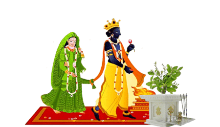 Traditional Tulsi Vivah mandap with sugarcane and turmeric lamps in Maharashtra