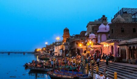 "Colorful local market in Mathura with handicrafts and souvenirs