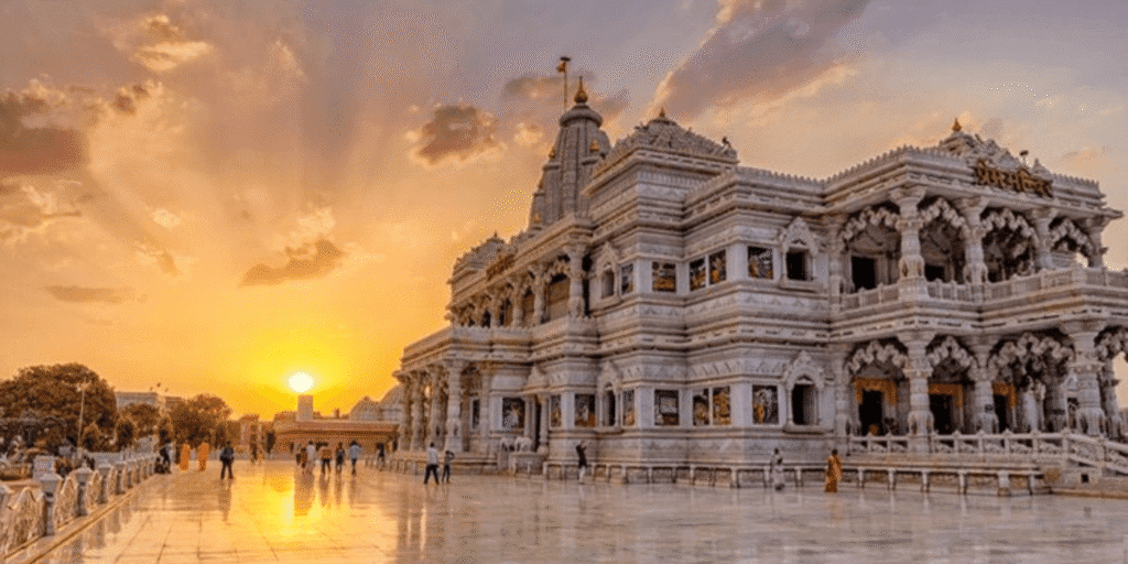 Aerial view of the brightly illuminated Prem Mandir in Vrindavan, a must-visit spiritual destination and one of the 30 best places in Mathura-Vrindavan for 2025