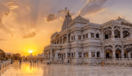 30 Best Places to Visit in Mathura and Vrindavan India 2025: The Ultimate Braj Bhoomi Travel Guide 13 Aerial view of the brightly illuminated Prem Mandir in Vrindavan, a must-visit spiritual destination and one of the 30 best places in Mathura-Vrindavan for 2025