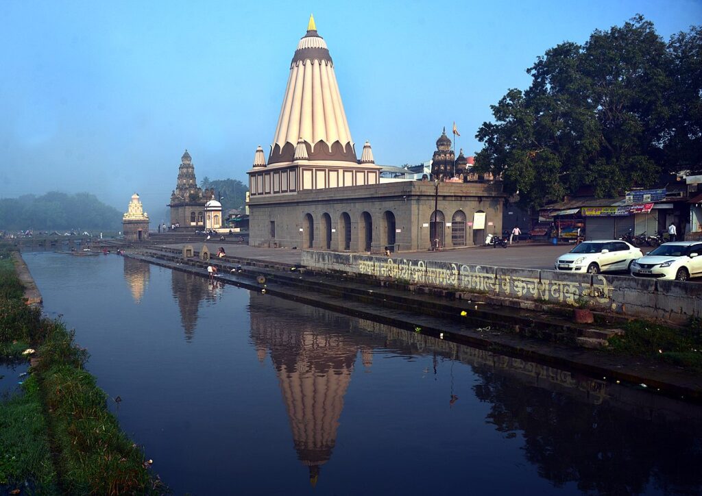 Rear view of Dholya Ganpati Mandir Wai showing the triangular boat-shaped wall designed to split river floodwaters