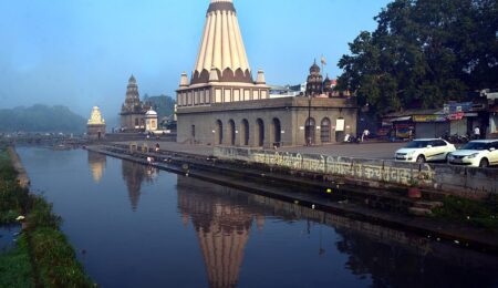 Rear view of Dholya Ganpati Mandir Wai showing the triangular boat-shaped wall designed to split river floodwaters