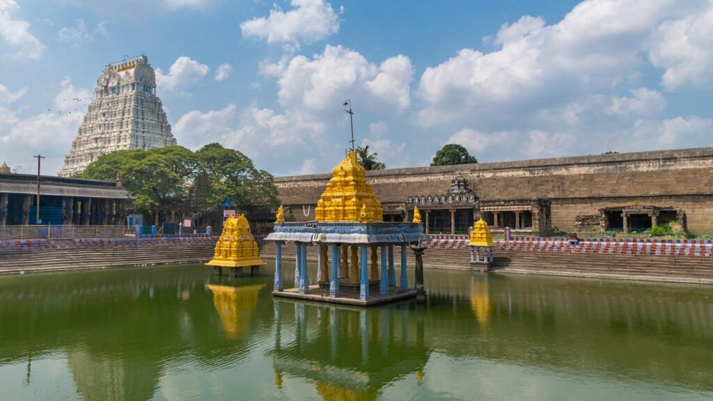 The Majestic Varadharaja Perumal Temple 1 The majestic 7-tiered Rajagopuram of Varadharaja Perumal Temple in Kanchipuram, Tamil Nadu