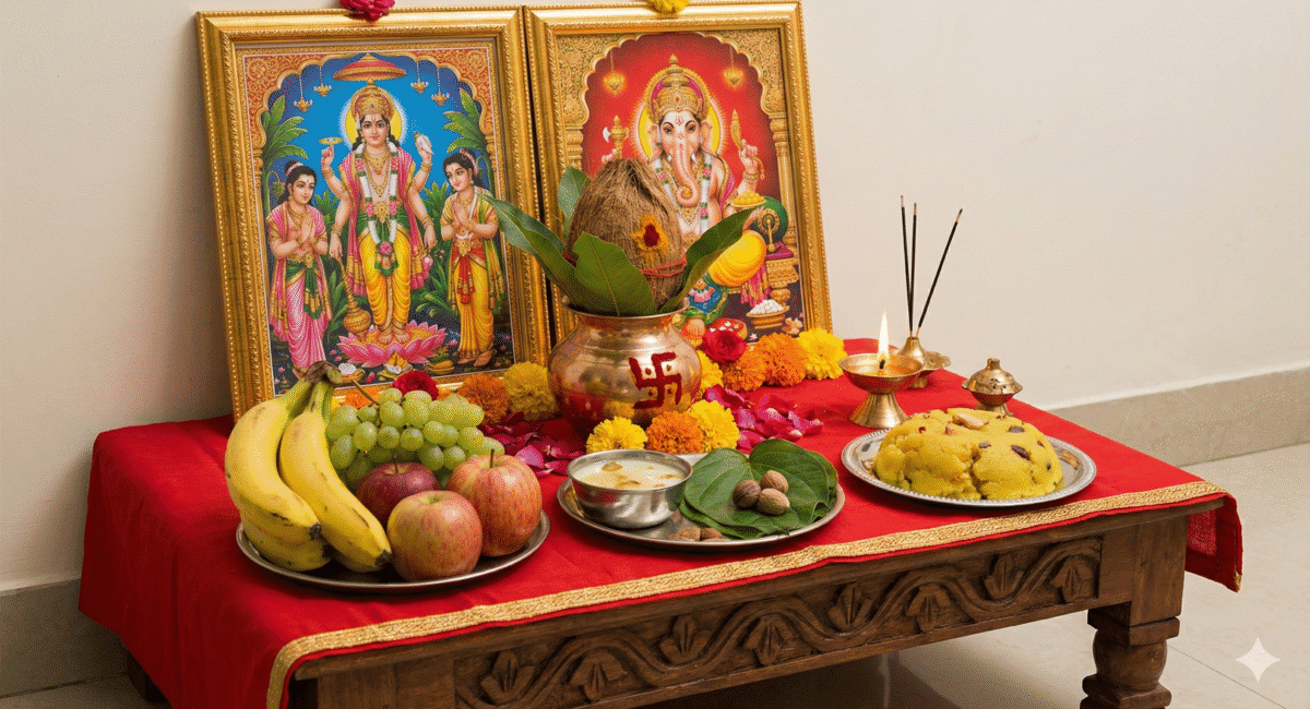 Altar setup for Satyanarayan Puja at home featuring Lord Vishnu idol, Kalash, fruits, and lighting diya