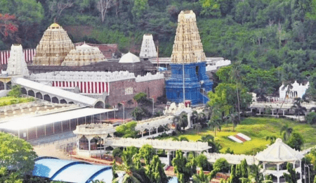 Main Rajagopuram of Varaha Lakshmi Narasimha Temple Simhachalam Temple against blue sky