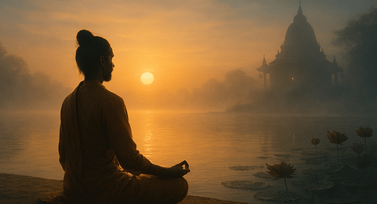 Brahma muhurta meditation at sunrise with peaceful atmosphere