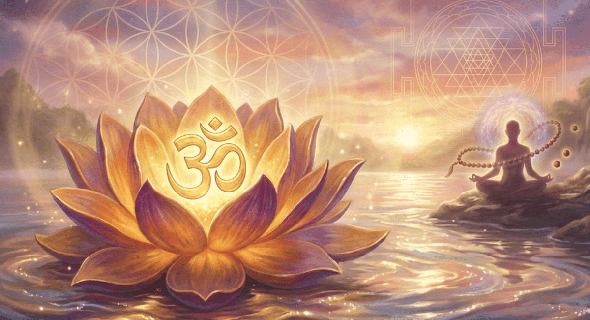 Hindu philosophy symbols including Om and lotus representing ancient wisdom for modern life