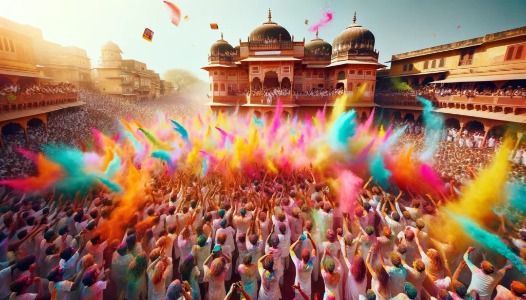 Colorful Holi festival celebration in India with crowds throwing gulal" Vrindavan Section: "Devotees celebrating Holi with flowers and colors at Banke Bihari Temple, Vrindavan