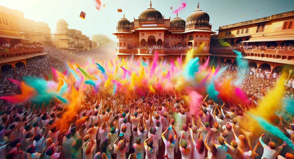 Colorful Holi festival celebration in India with crowds throwing gulal" Vrindavan Section: "Devotees celebrating Holi with flowers and colors at Banke Bihari Temple, Vrindavan